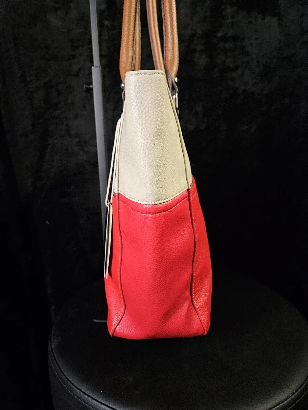 NWT Tignanello Perfect Pockets Leather Colorblock Medium Tote Bag Red Cream